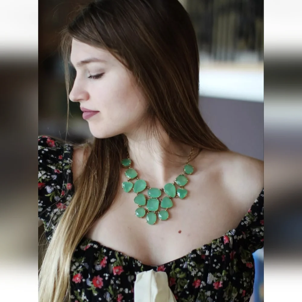 KATE SPADE NY Vegas Jewels Elegant Mint Green and Gold Statement Bib Necklace…